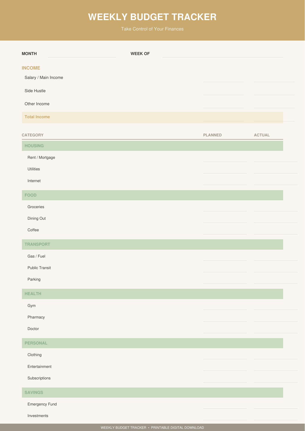 Weekly Budget Tracker Printable — Personal Finance PDF