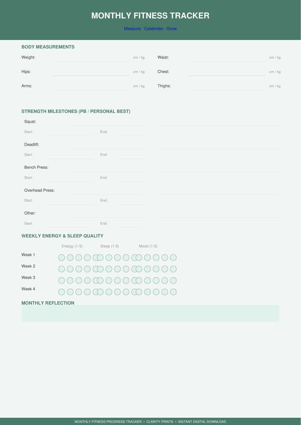 Monthly Fitness Progress Tracker Printable | Body & Strength PDF