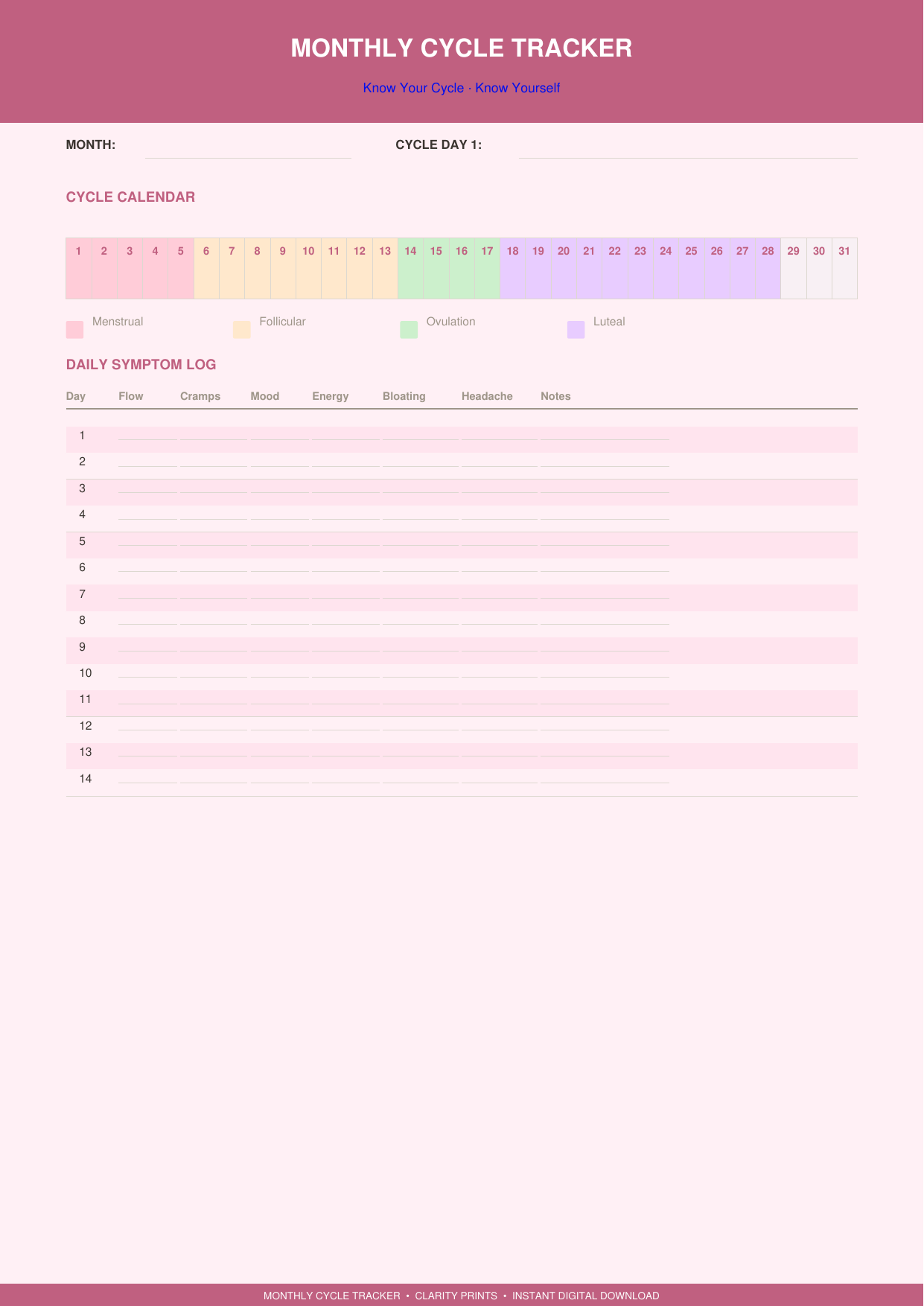 Monthly Period & Cycle Tracker Printable | Hormone & Mood Log PDF