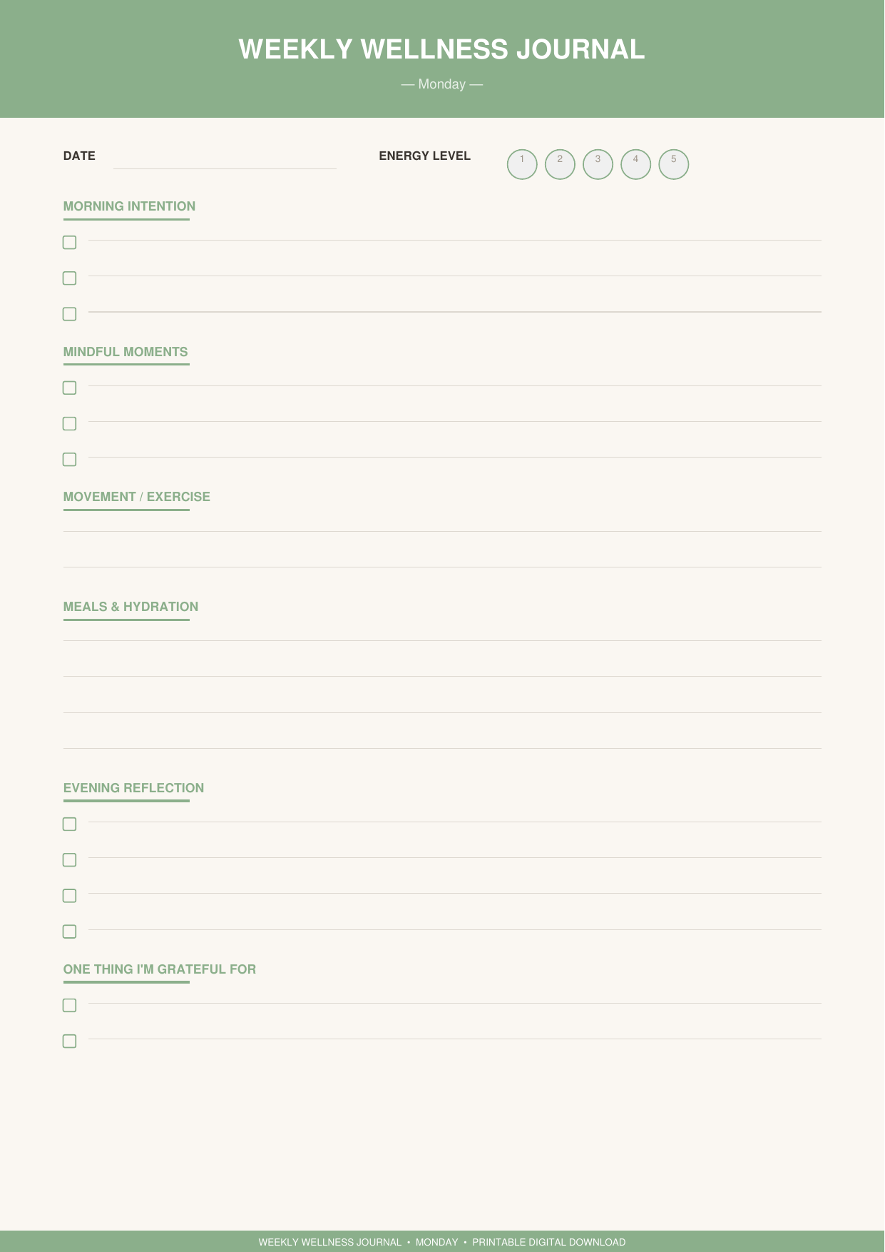 Weekly Wellness Journal Printable — 7-Day Mindfulness PDF