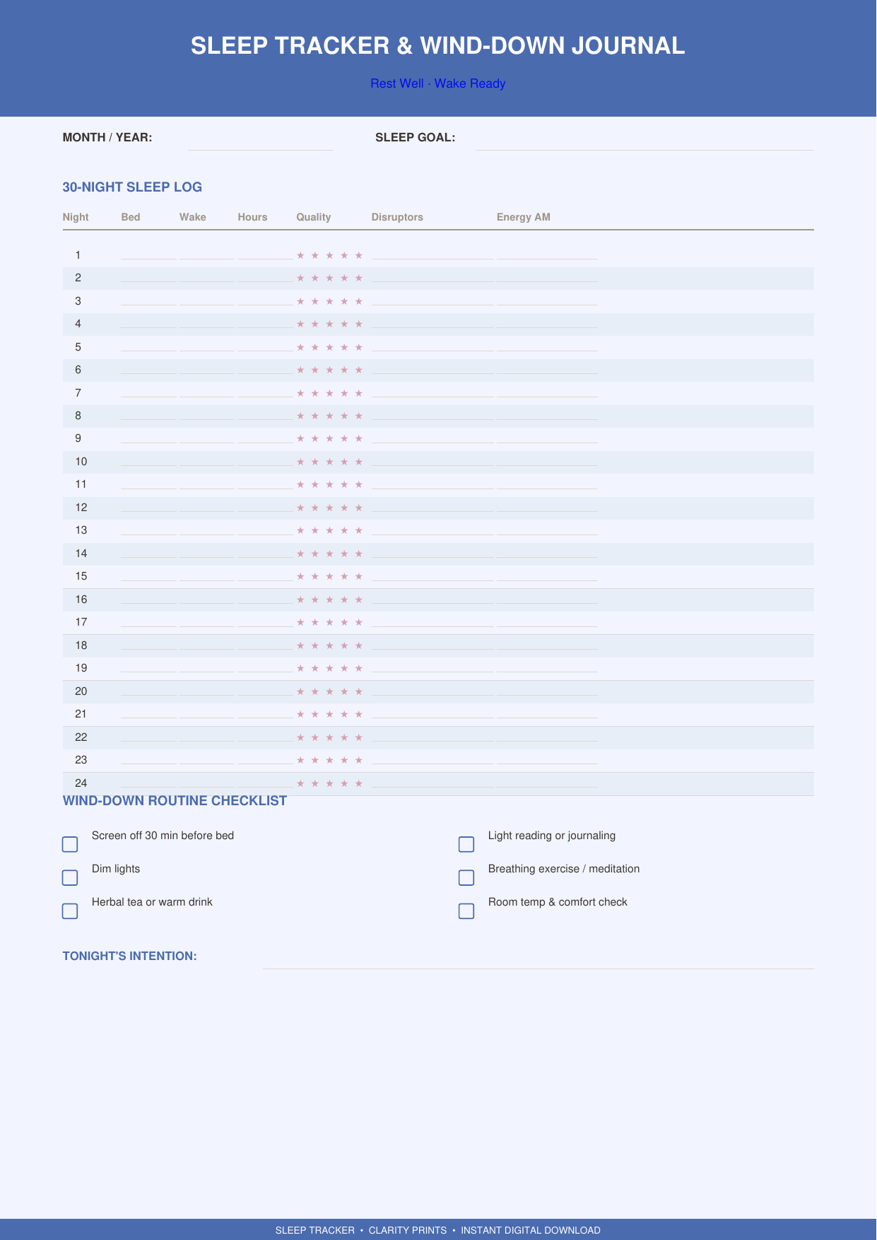 Sleep Tracker & Wind-Down Journal Printable | Rest & Recovery PDF