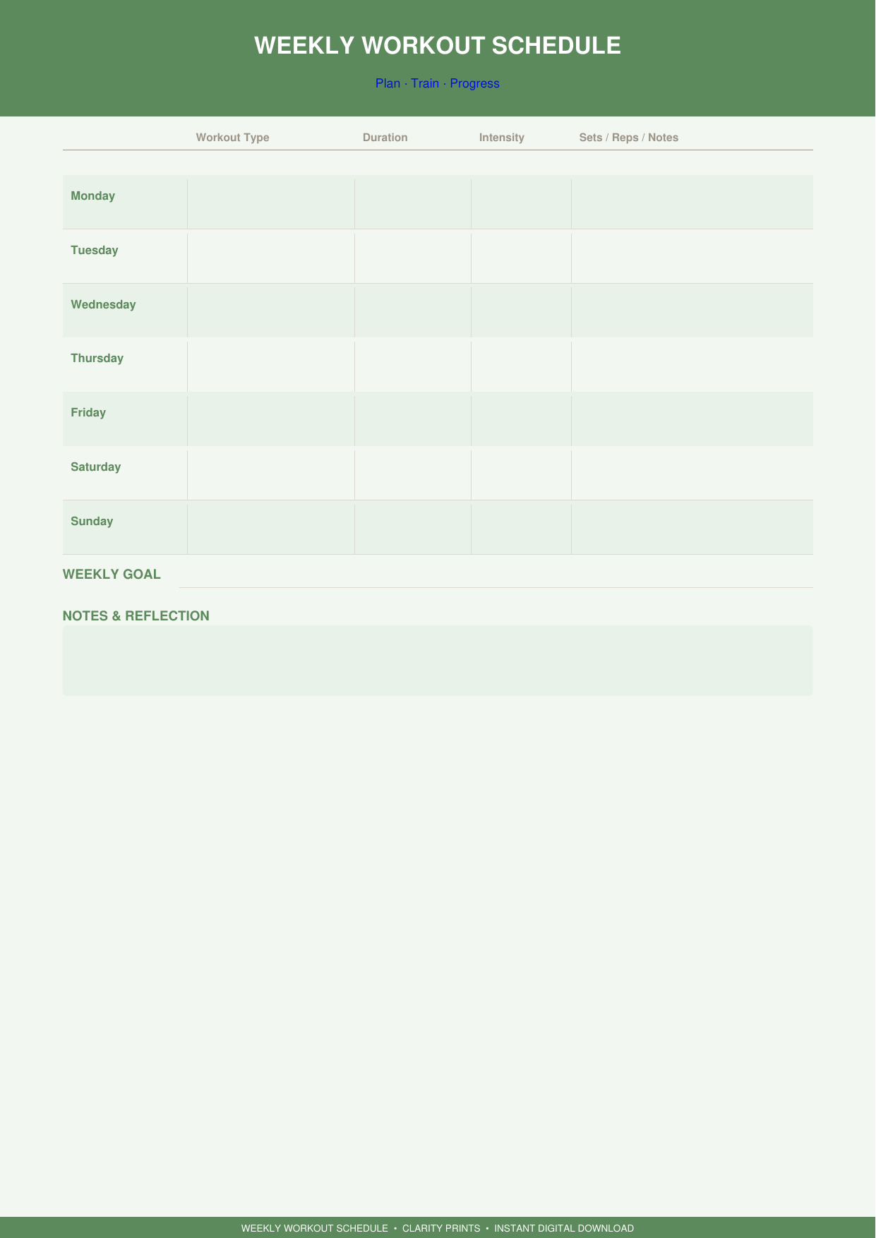 Weekly Workout Schedule Printable | Fitness Planner PDF