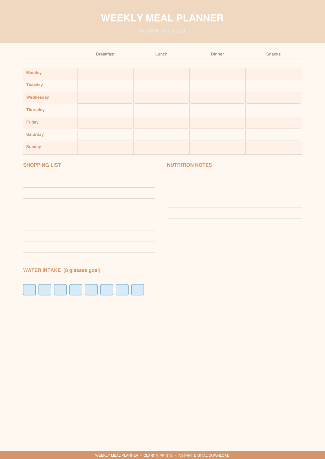 Daily Food & Nutrition Diary Printable | Calorie & Macro Tracker PDF