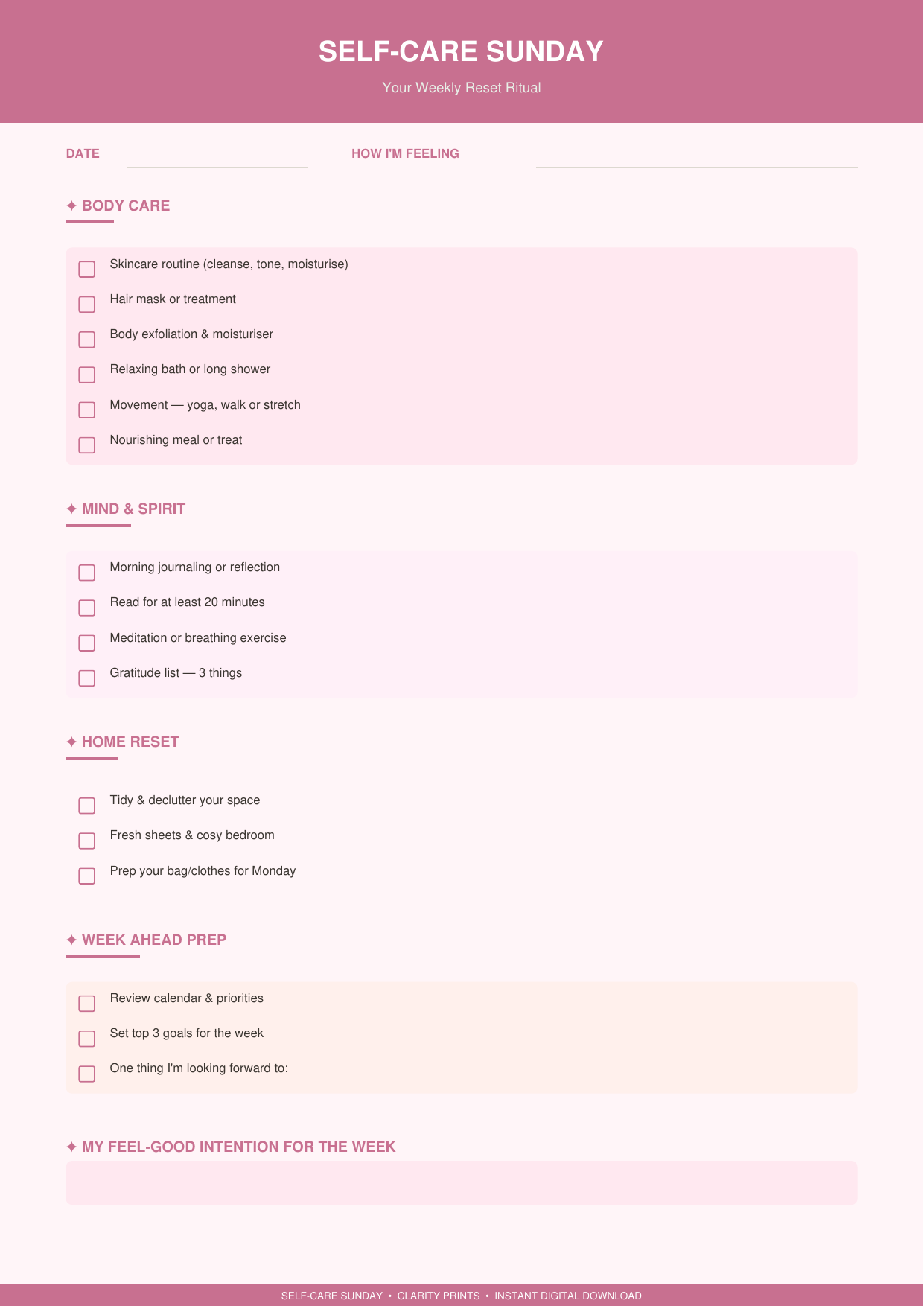 Self-Care Sunday Checklist — Weekly Reset PDF