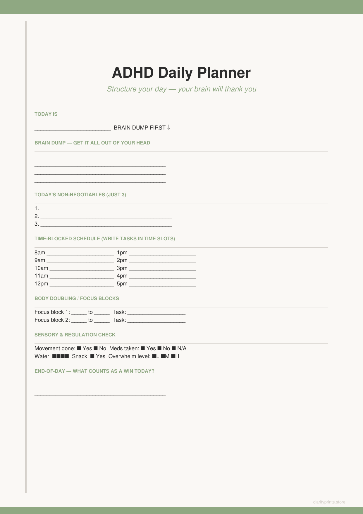 ADHD Daily Planner printable PDF preview