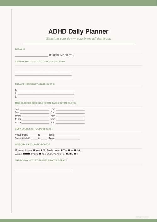 ADHD Daily Planner printable PDF preview