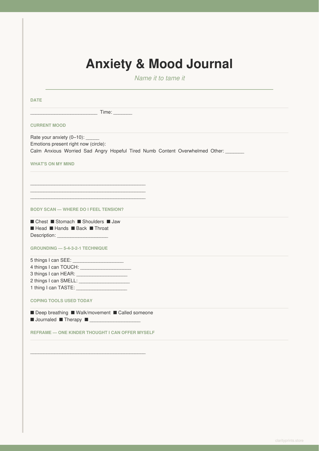 Anxiety and Mood Journal printable PDF preview