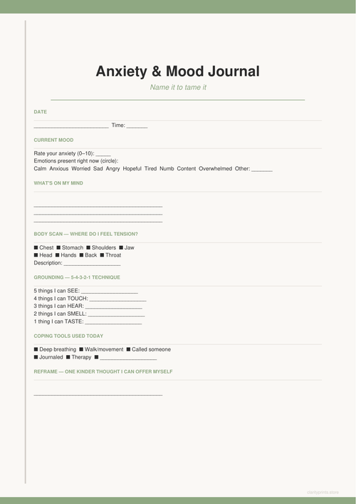 Anxiety and Mood Journal printable PDF preview