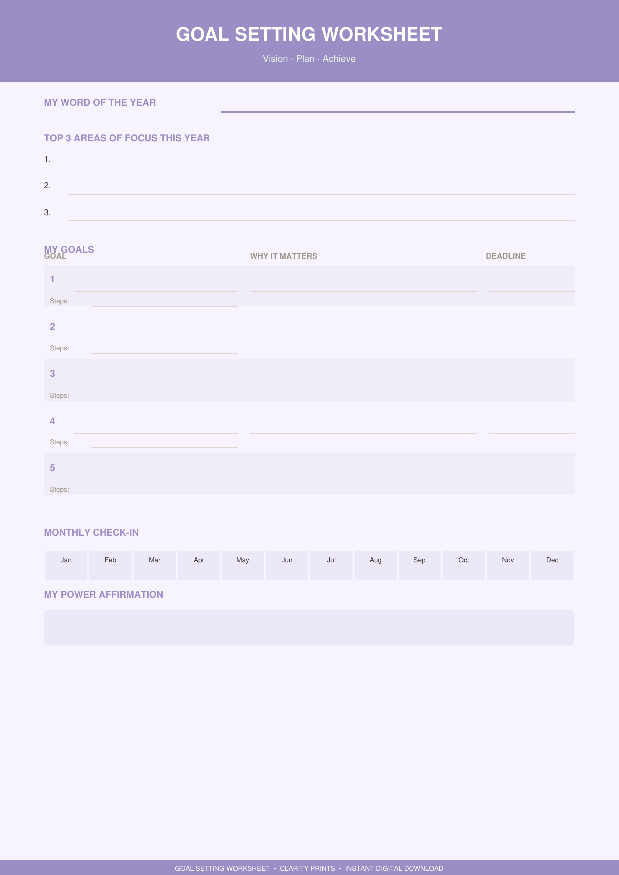 Annual Goal Setting Worksheet — Vision & Planning PDF