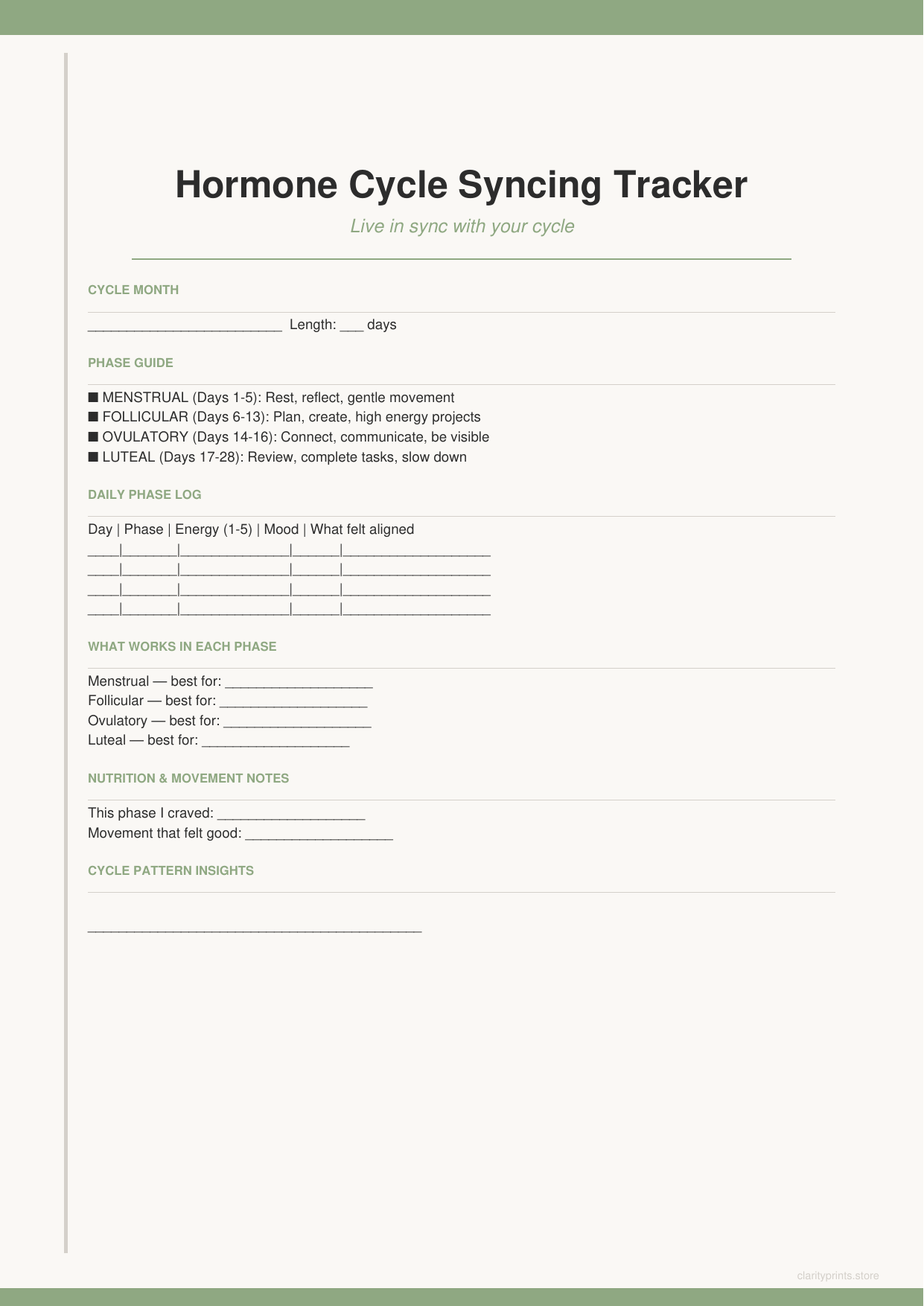 Hormone and Cycle Syncing Tracker printable PDF preview