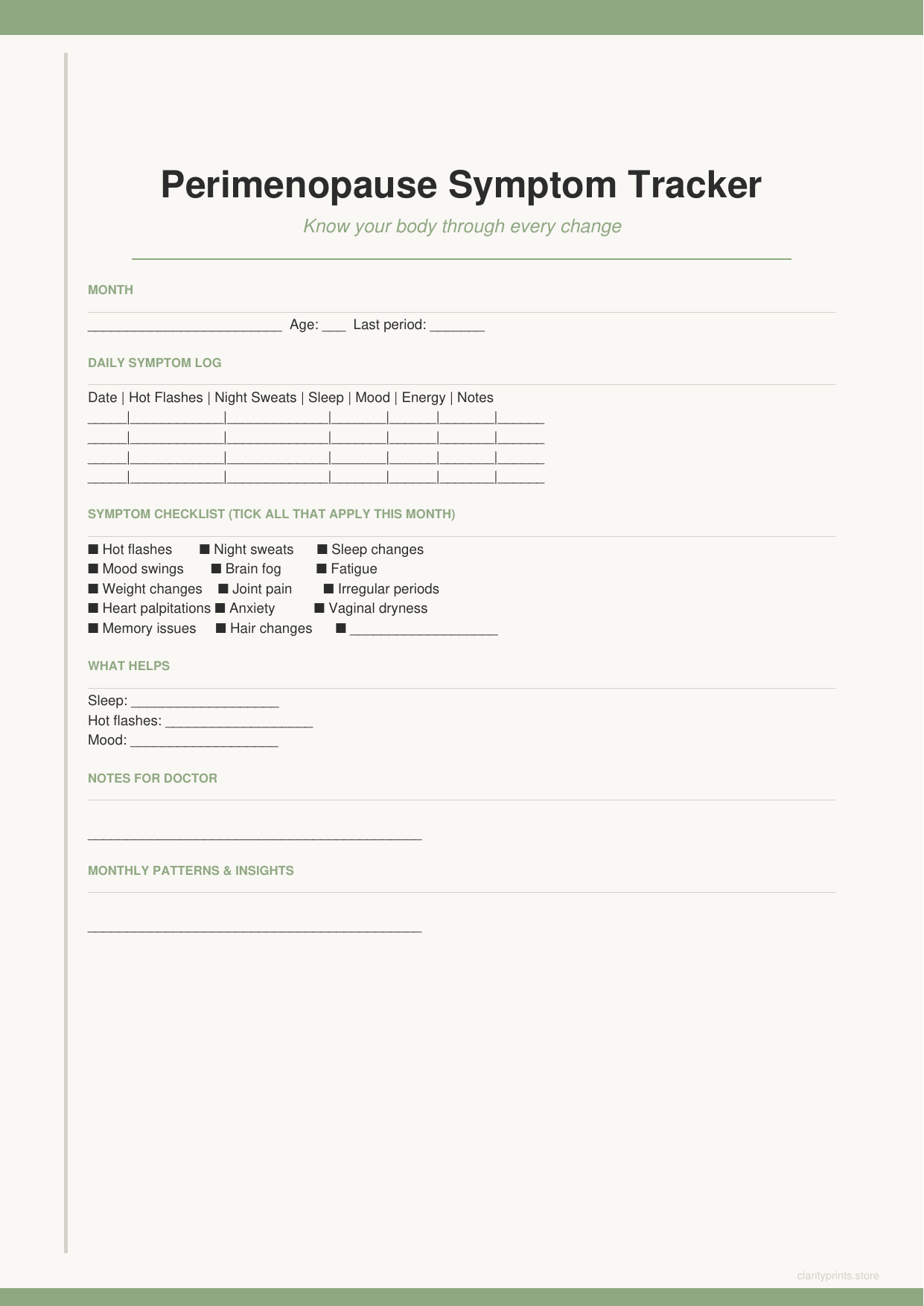 Perimenopause Symptom Tracker printable PDF preview