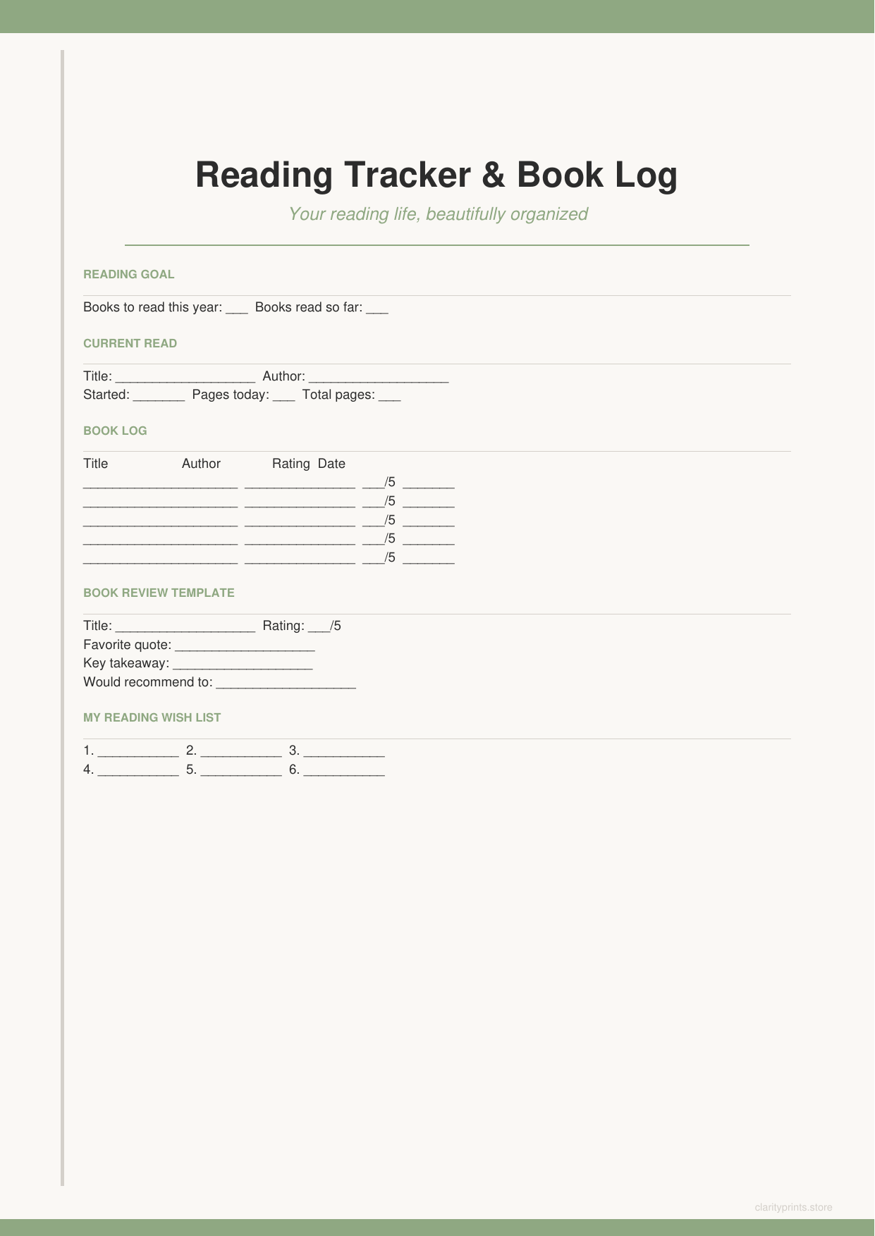 Reading Tracker printable PDF preview