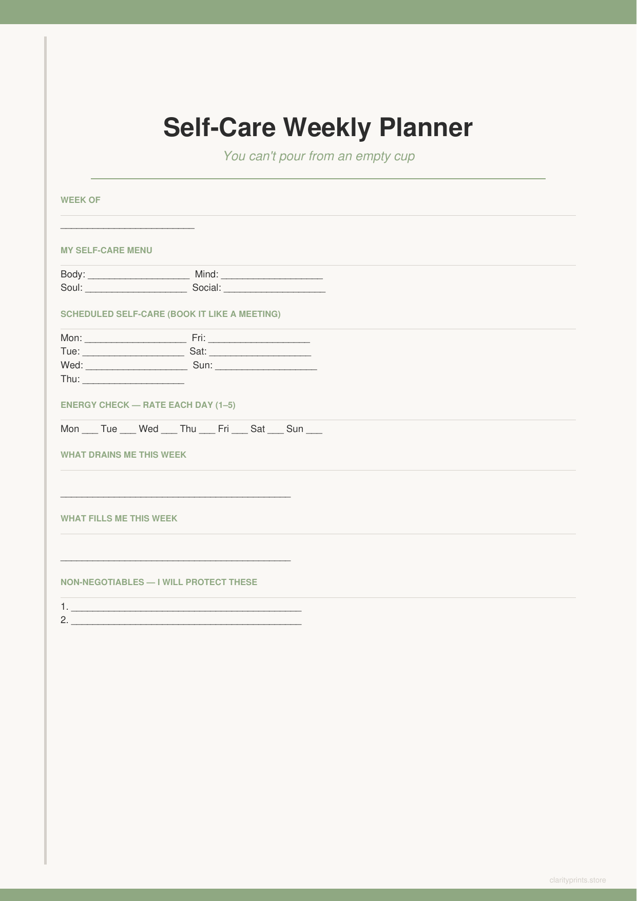 Self-Care Weekly Planner printable PDF preview