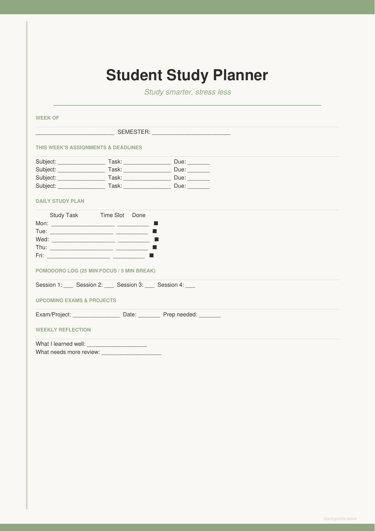 Student Study Planner printable PDF preview