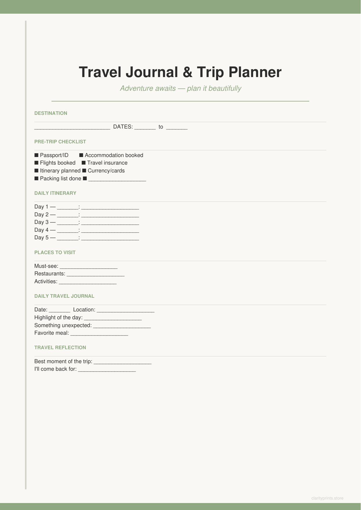 Travel Journal printable PDF preview